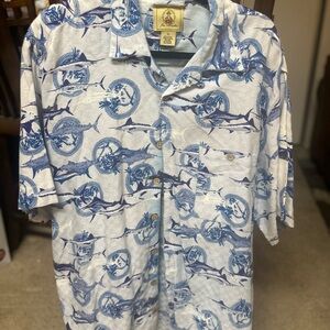 Joe Marlin Blue and White Men's Hawaiian Shirt button down fish